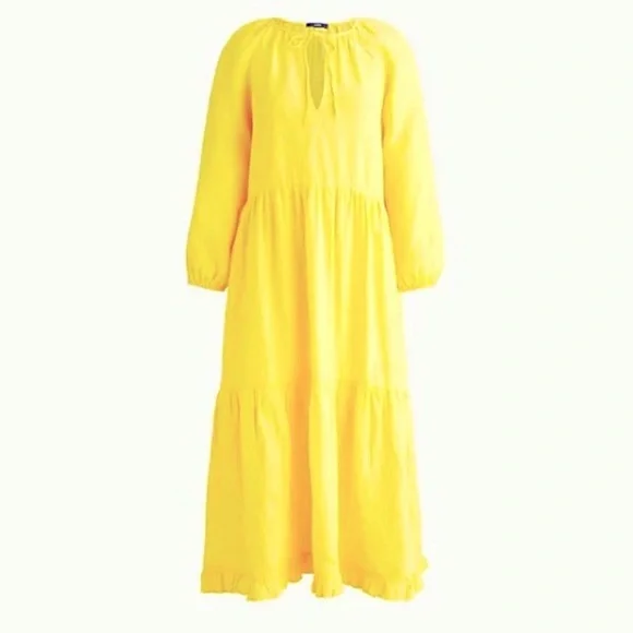 j crew yellow linen dress J.CREW 100% Linen Long-sleeve tiered dress in linen S/M